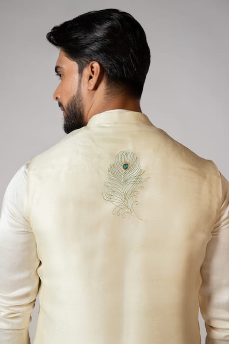 Buy_PAARSH_Yellow Linen, Satin, Cotton, Radha Krishna Hand Kurta Set With Nehru Jacket 