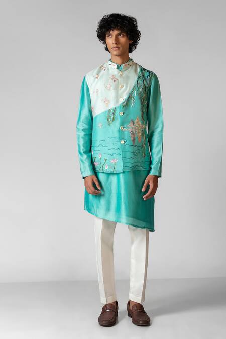 Buy_PAARSH_Blue Chanderi, Organza, Cotton Embroidery Hand Aqua Kurta Set _Online_at_Aza_Fashions