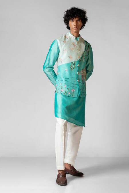 Shop_PAARSH_Blue Chanderi, Organza, Cotton Embroidery Hand Aqua Kurta Set _Online_at_Aza_Fashions