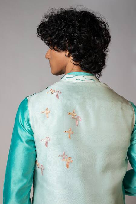 PAARSH_Blue Chanderi, Organza, Cotton Embroidery Hand Aqua Kurta Set _at_Aza_Fashions