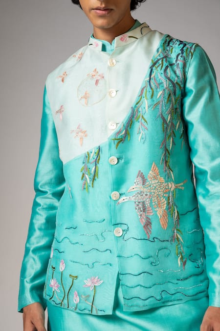 Buy_PAARSH_Blue Chanderi, Organza, Cotton Embroidery Hand Aqua Kurta Set 