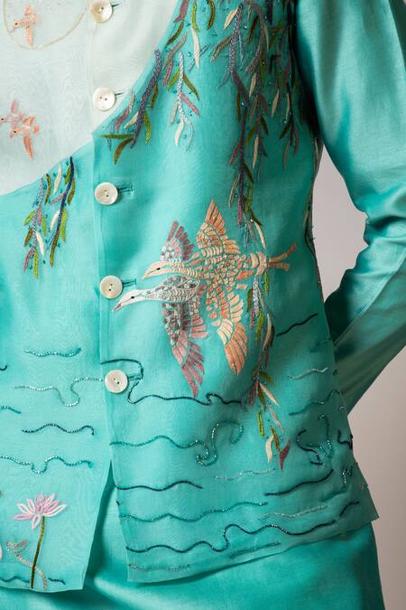 Shop_PAARSH_Blue Chanderi, Organza, Cotton Embroidery Hand Aqua Kurta Set 