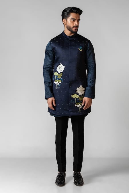 Paarsh Lotus Pond Hand Embroidered Kurta Set With Nehru Jacket 