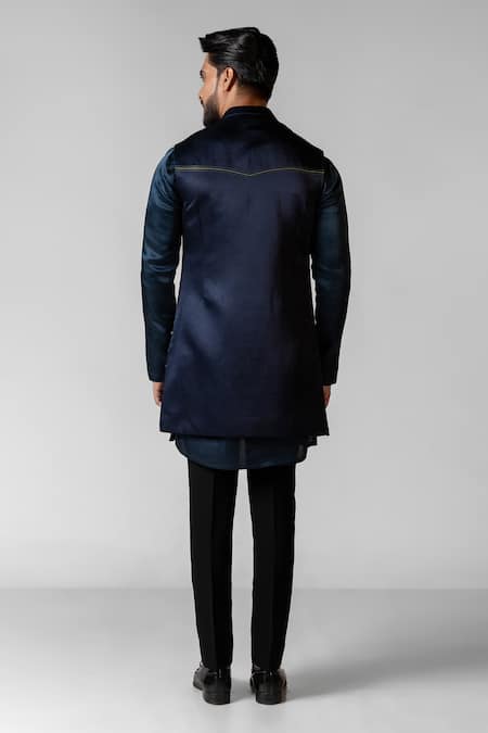 PAARSH Hand Embroidered Navy Kurta Set & Nehru Jacket 