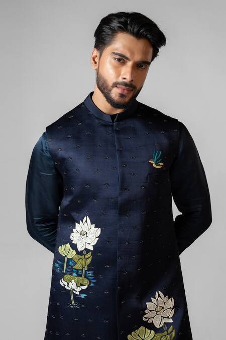 Buy_PAARSH_Blue Linen, Cotton, Organza Embroidery, Hand Navy Kurta Set And Nehru Jacket _Online_at_Aza_Fashions