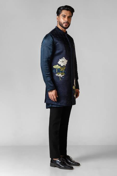 Shop_PAARSH_Blue Linen, Cotton, Organza Embroidery, Hand Navy Kurta Set And Nehru Jacket _Online_at_Aza_Fashions