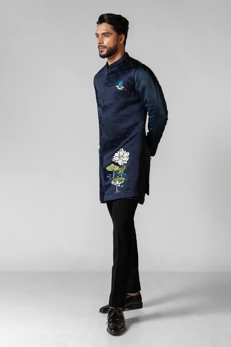 PAARSH_Blue Linen, Cotton, Organza Embroidery, Hand Navy Kurta Set And Nehru Jacket _at_Aza_Fashions