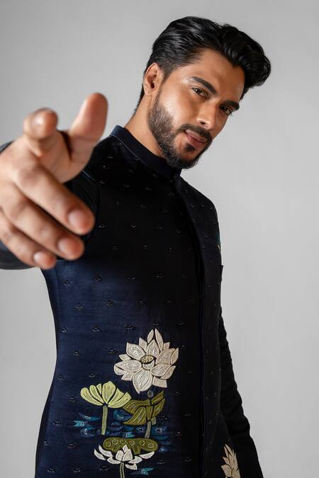 Buy_PAARSH_Blue Linen, Cotton, Organza Embroidery, Hand Navy Kurta Set And Nehru Jacket 