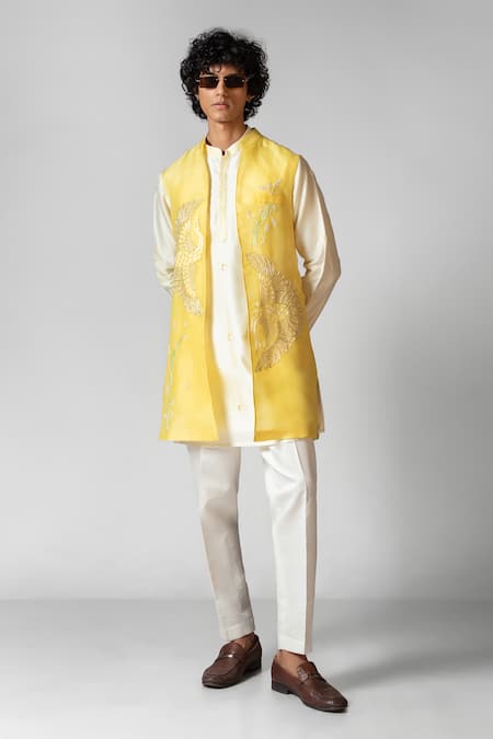 Paarsh Flying Birds Hand Embroidered Kurta Set With Nehru Jacket 