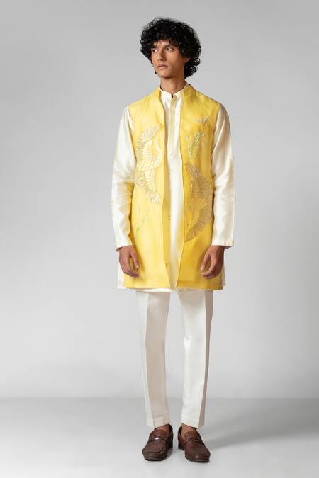 Buy_PAARSH_Yellow Linen, Satin, Organza, Cotton Cut Work, Flying Birds Hand Kurta Set _Online_at_Aza_Fashions