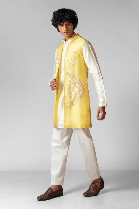 PAARSH_Yellow Linen, Satin, Organza, Cotton Cut Work, Flying Birds Hand Kurta Set _at_Aza_Fashions