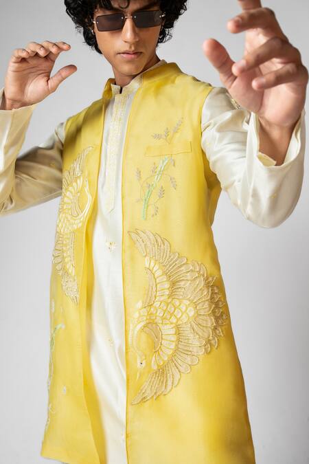 Buy_PAARSH_Yellow Linen, Satin, Organza, Cotton Cut Work, Flying Birds Hand Kurta Set 