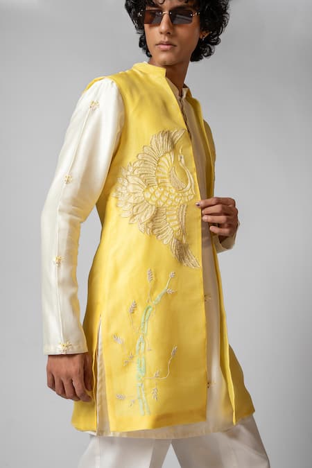 Shop_PAARSH_Yellow Linen, Satin, Organza, Cotton Cut Work, Flying Birds Hand Kurta Set 
