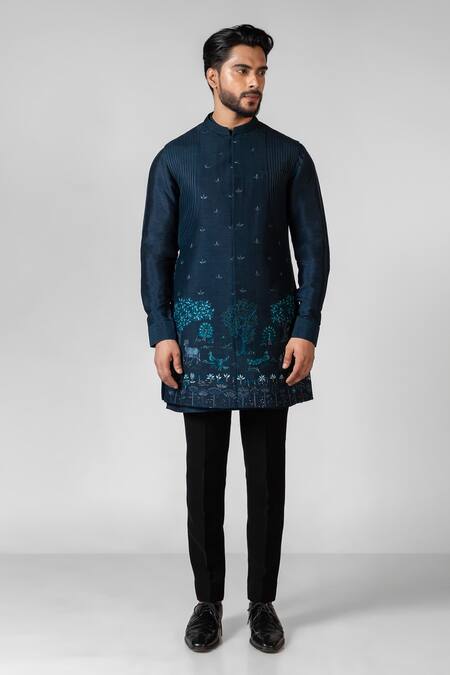 PAARSH Blue Bamboo, Organza, Cotton Embroidery, Cut Work Mathura Hand Kurta Set Online at Aza Fashions PAARSH_Blue Bamboo, Organza, Cotton Embroidery, Cut Work Mathura Hand Kurta Set _Online_at_Aza_Fashions