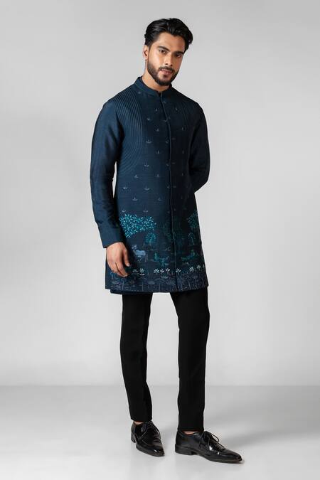Shop PAARSH Blue Bamboo, Organza, Cotton Embroidery, Cut Work Mathura Hand Kurta Set Online at Aza Fashions Shop_PAARSH_Blue Bamboo, Organza, Cotton Embroidery, Cut Work Mathura Hand Kurta Set _Online_at_Aza_Fashions