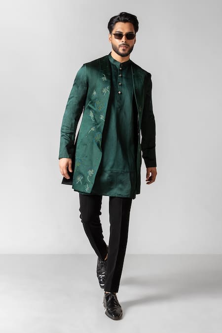 Paarsh Green Nehru Jacket Organza Hand Embroidered Resham Maples Kurta Set With 