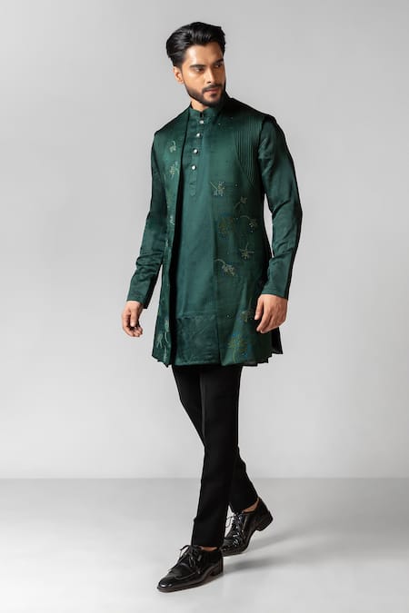 PAARSH_Green Linen, Satin, Cotton, Organza Hand Kurta Set With Nehru Jacket _Online_at_Aza_Fashions