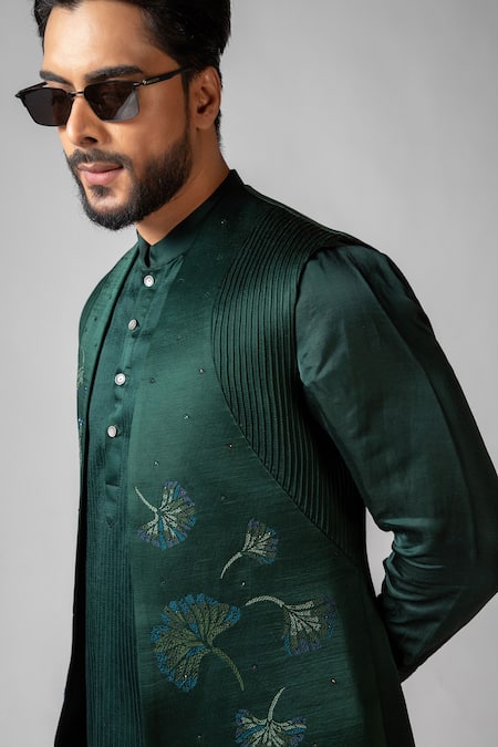 Shop_PAARSH_Green Linen, Satin, Cotton, Organza Hand Kurta Set With Nehru Jacket _Online_at_Aza_Fashions