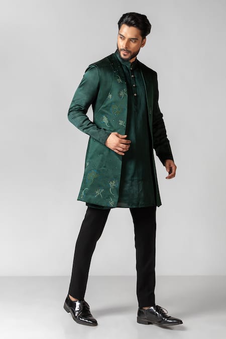 PAARSH_Green Linen, Satin, Cotton, Organza Hand Kurta Set With Nehru Jacket _at_Aza_Fashions