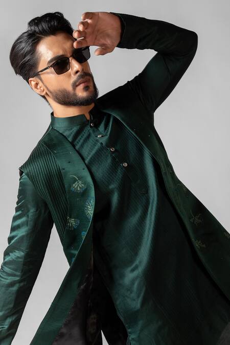 Shop_PAARSH_Green Linen, Satin, Cotton, Organza Hand Kurta Set With Nehru Jacket 