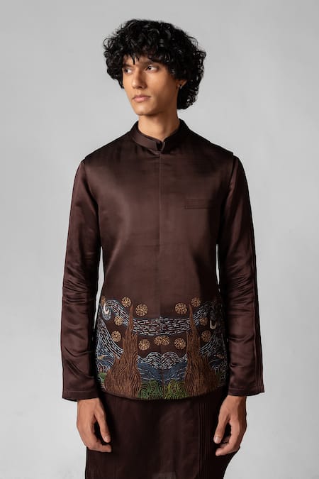 Shop PAARSH Brown Linen, Satin, Cotton, Organza Embroidery Starry Night Hand Kurta Set Online at Aza Fashions Shop_PAARSH_Brown Linen, Satin, Cotton, Organza Embroidery Starry Night Hand Kurta Set _Online_at_Aza_Fashions