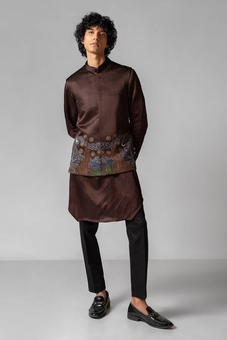 PAARSH Brown Linen, Satin, Cotton, Organza Embroidery Starry Night Hand Kurta Set at Aza Fashions PAARSH_Brown Linen, Satin, Cotton, Organza Embroidery Starry Night Hand Kurta Set _at_Aza_Fashions