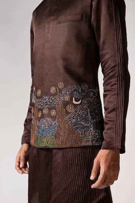 Buy PAARSH Brown Linen, Satin, Cotton, Organza Embroidery Starry Night Hand Kurta Set Buy_PAARSH_Brown Linen, Satin, Cotton, Organza Embroidery Starry Night Hand Kurta Set