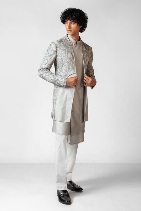 PAARSH_Grey Organza, Bamboo, Cotton Embroidery, Sapphire Floral Achkan And Pant Set _Online_at_Aza_Fashions