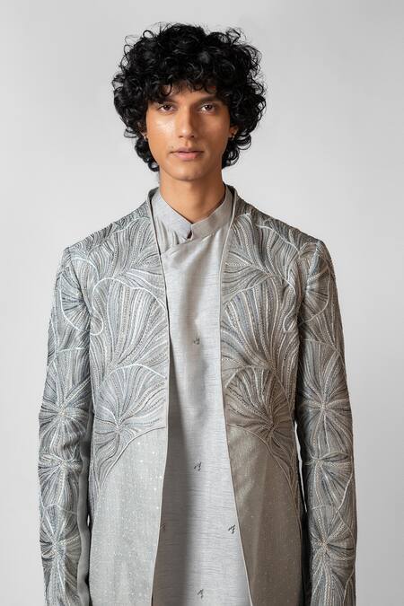 Buy_PAARSH_Grey Organza, Bamboo, Cotton Embroidery, Sapphire Floral Achkan And Pant Set _Online_at_Aza_Fashions