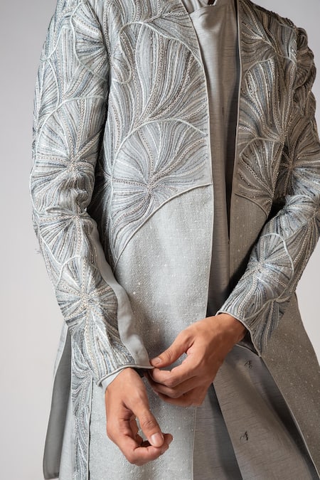 Shop_PAARSH_Grey Organza, Bamboo, Cotton Embroidery, Sapphire Floral Achkan And Pant Set _Online_at_Aza_Fashions