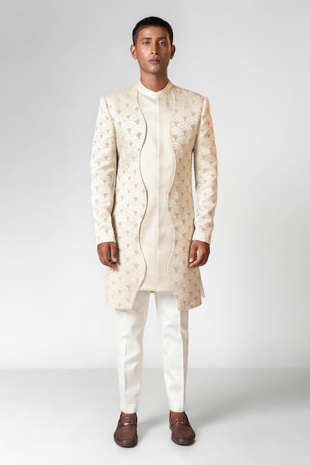 PAARSH_Ivory Linen, Cotton Embroidery Dolce Achkan With Pant _Online_at_Aza_Fashions
