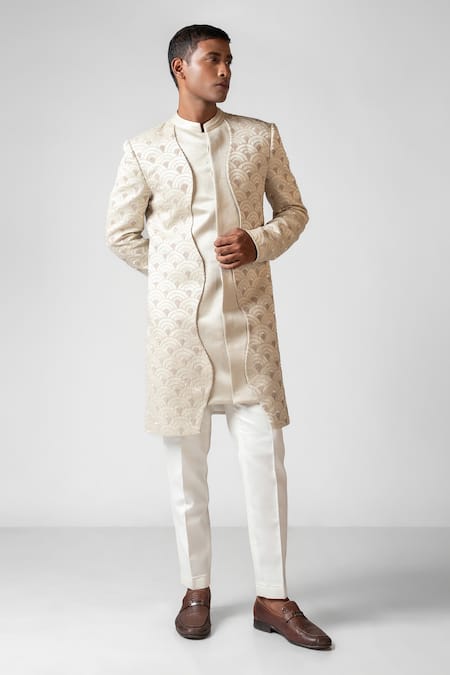 Buy_PAARSH_Ivory Linen, Cotton Embroidery Dolce Achkan With Pant _Online_at_Aza_Fashions