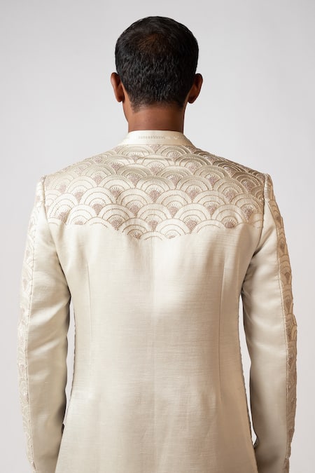 Shop_PAARSH_Ivory Linen, Cotton Embroidery Dolce Achkan With Pant _Online_at_Aza_Fashions
