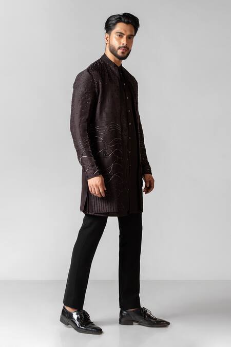 PAARSH_Brown Organza, Linen, Satin, Cotton Embroidery Cascade Achkan And Pant Set _Online_at_Aza_Fashions