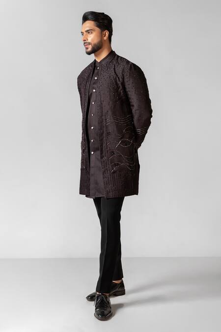 Buy_PAARSH_Brown Organza, Linen, Satin, Cotton Embroidery Cascade Achkan And Pant Set _Online_at_Aza_Fashions