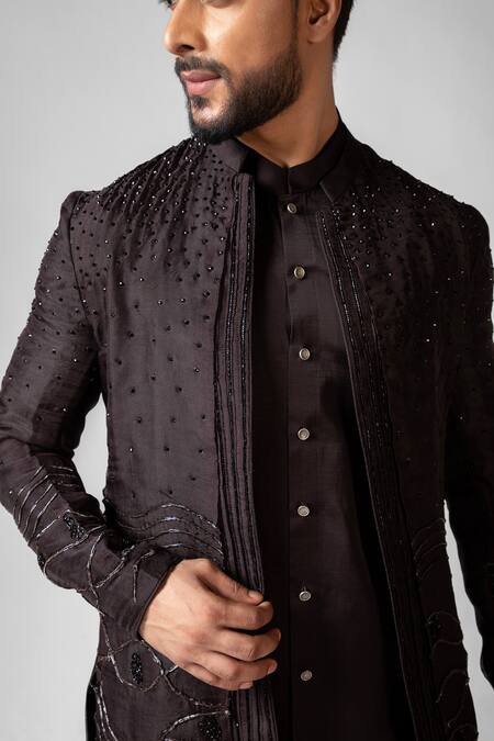 Shop_PAARSH_Brown Organza, Linen, Satin, Cotton Embroidery Cascade Achkan And Pant Set _Online_at_Aza_Fashions