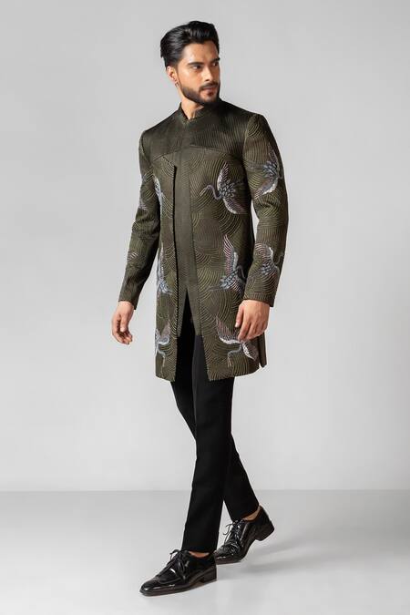 PAARSH Green Brocade, Cotton Beads Passerine Bird Embroidered Achkan With Pant Online at Aza Fashions PAARSH_Green Brocade, Cotton Beads Passerine Bird Embroidered Achkan With Pant _Online_at_Aza_Fashions