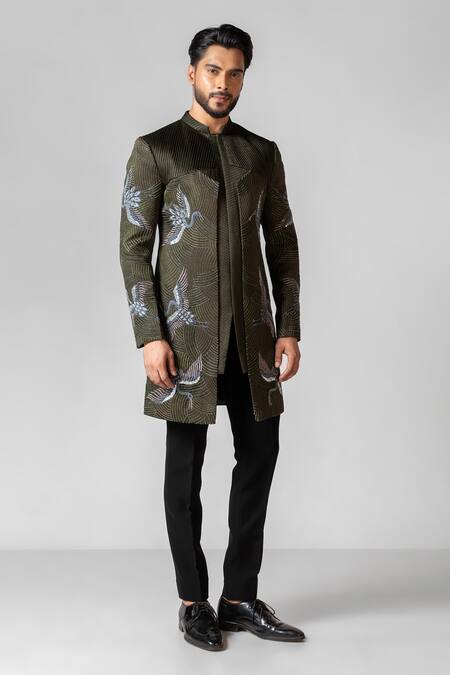 Buy PAARSH Green Brocade, Cotton Beads Passerine Bird Embroidered Achkan With Pant Online at Aza Fashions Buy_PAARSH_Green Brocade, Cotton Beads Passerine Bird Embroidered Achkan With Pant _Online_at_Aza_Fashions