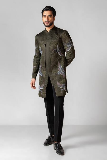 Shop PAARSH Green Brocade, Cotton Beads Passerine Bird Embroidered Achkan With Pant Online at Aza Fashions Shop_PAARSH_Green Brocade, Cotton Beads Passerine Bird Embroidered Achkan With Pant _Online_at_Aza_Fashions