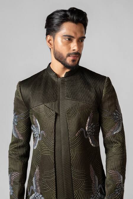 PAARSH Green Brocade, Cotton Beads Passerine Bird Embroidered Achkan With Pant at Aza Fashions PAARSH_Green Brocade, Cotton Beads Passerine Bird Embroidered Achkan With Pant _at_Aza_Fashions