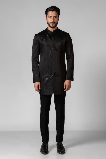 PAARSH_Black Linen, Cotton Embroidery Plover Achkan With Pant _Online_at_Aza_Fashions