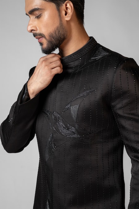 Buy_PAARSH_Black Linen, Cotton Embroidery Plover Achkan With Pant _Online_at_Aza_Fashions