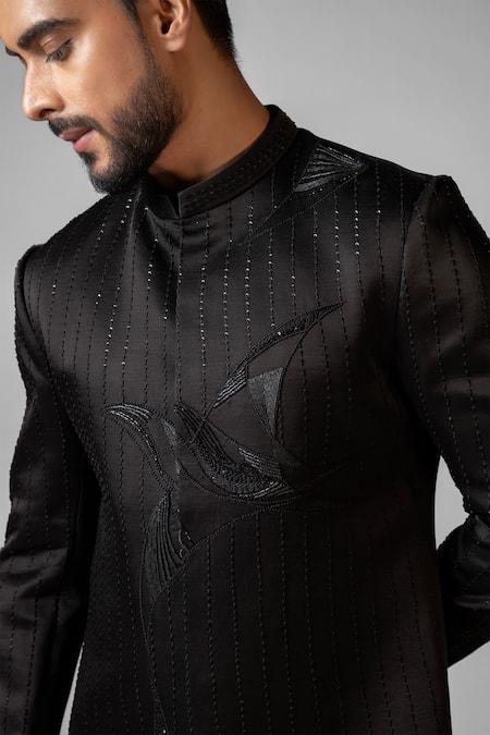 PAARSH_Black Linen, Cotton Embroidery Plover Achkan With Pant _at_Aza_Fashions