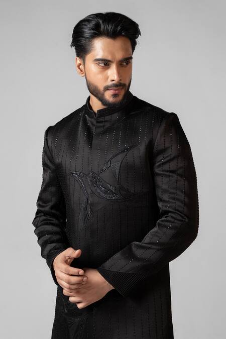 Buy_PAARSH_Black Linen, Cotton Embroidery Plover Achkan With Pant 