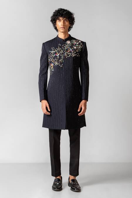 PAARSH_Blue Lycra Embroidery Bird Sanctuary Achkan With Pant _Online_at_Aza_Fashions