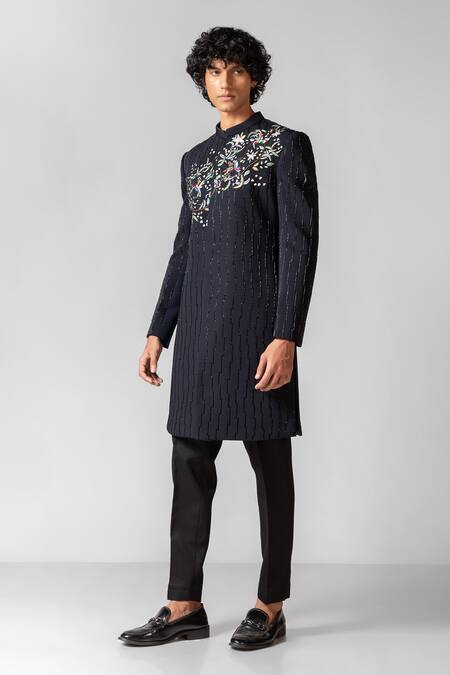 Shop_PAARSH_Blue Lycra Embroidery Bird Sanctuary Achkan With Pant _Online_at_Aza_Fashions