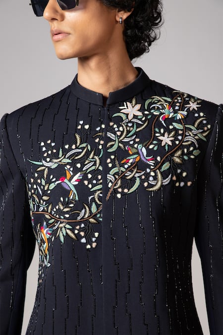 PAARSH_Blue Lycra Embroidery Bird Sanctuary Achkan With Pant _at_Aza_Fashions
