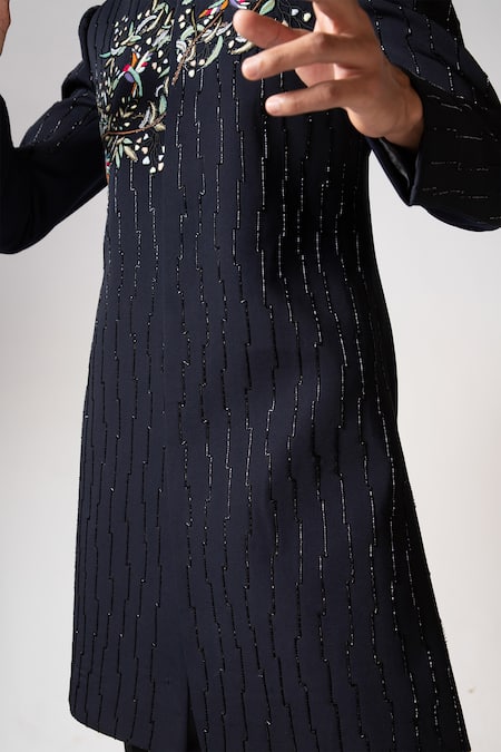 Buy_PAARSH_Blue Lycra Embroidery Bird Sanctuary Achkan With Pant 