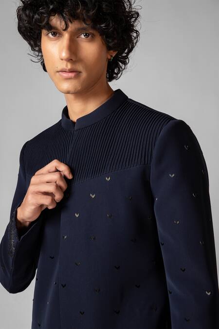 PAARSH_Blue Lycra Diamonds, Embroidery Macaow Achkan With Pant _Online_at_Aza_Fashions