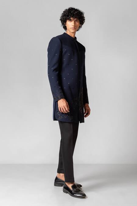 Buy_PAARSH_Blue Lycra Diamonds, Embroidery Macaow Achkan With Pant _Online_at_Aza_Fashions